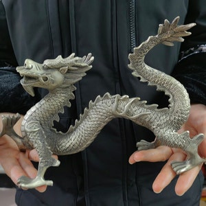 Ancient Tibet Copper Gilt Dragon Beast Statue Chinese Bronze 12 Zodiac Standing Dragon Statue Sculpture Patina , Wealth Fengshui Decor PD106