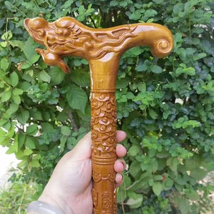 Hand‑carved Natural Wood Dragon Head Walking Cane with Auspicious Inscriptions – Handmade Elderly Hiking Staff Grandpa Gift Hiking Gift pdd5