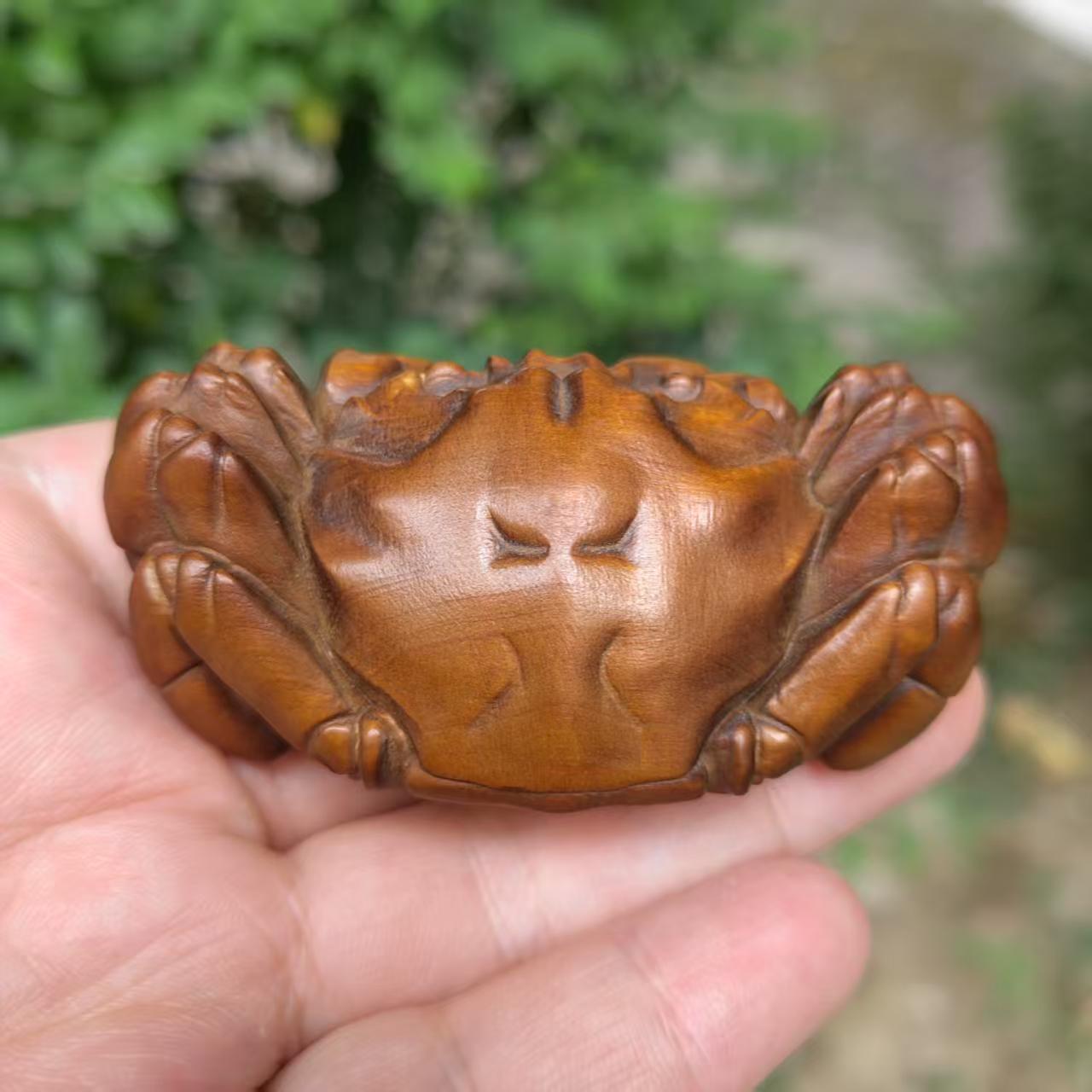 カニの像 木彫り 彫刻 完全手彫り カニの置物 ティーペット ギフト