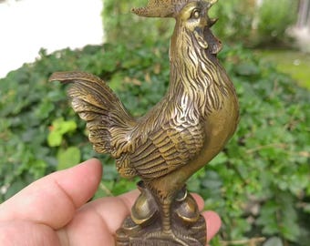 Brass Lucky Standing Rooster Sculpture Statue, Copper Decorative Bird Ornament Collectible Art Life-Like Outdoor Chicken Sculptures PDD532