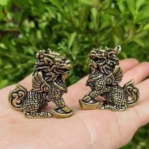 Pair Wealth QILIN Statue Feng Shui Decor Kirin,Copper kylin,Bronze unicorn Figurine,FINE Foo-Dogs Lion Temple Guardian,Fengshui DecorPDD254 image 1