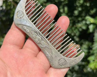 Old Vintage Sterling Copper Travel Comb, Floral Design Antique Unique Rare, Unique Comb Silver Plated Original  Design Lady Hair Comb PDD822