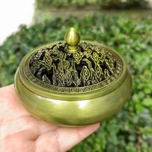 Vintage Copper Shape Incense Holder ,Stick Incense Burner with Ash catcher, Incense Burner Censer Buddha Sandalwood Buddhism Insense PDD522