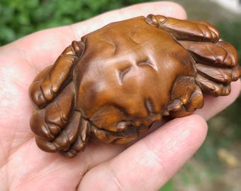 カニの像 木彫り 彫刻 完全手彫り カニの置物 ティーペット ギフト