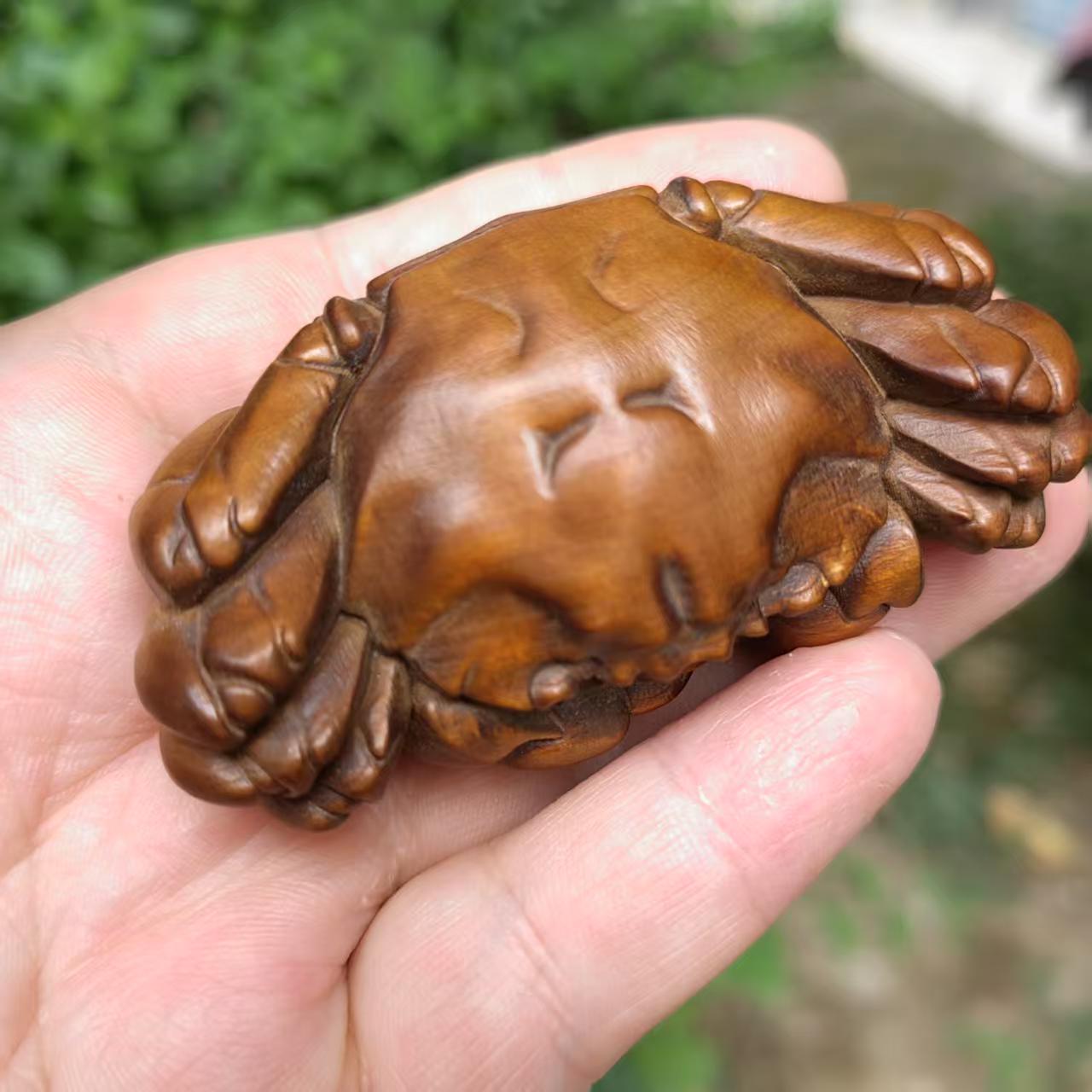カニの像 木彫り 彫刻 完全手彫り カニの置物 ティーペット ギフト