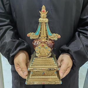 Temple bouddhiste népalais stupa, stupa en cuivre, récipient de stockage de reliques de Bouddha entièrement fait main, cercueil d&#39;autel en laiton gris antique zen P716
