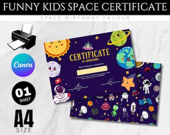 Certificado infantil editável com tema espacial para aniversário (modelo do Canva)