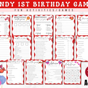 Juegos de primer cumpleaños de Candy, paquete de juegos de fiesta de primer cumpleaños de Candyland, juegos de fiesta de un año, actividades de primer cumpleaños, bingo, tienda de dulces