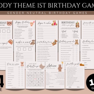 Ursinho de pelúcia jogos de primeiro aniversário, pacote de jogos de festa de primeiro aniversário de ursinho de pelúcia, atividades de festa de aniversário de bearly, bingo, curiosidades