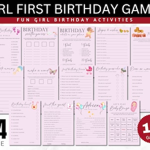 Juegos de primer cumpleaños para niña, paquete de juegos para fiesta de primer cumpleaños para niña, juegos de fiesta para 1 año de edad, actividades para fiesta de 1er cumpleaños, bingo, búsqueda de cumpleaños