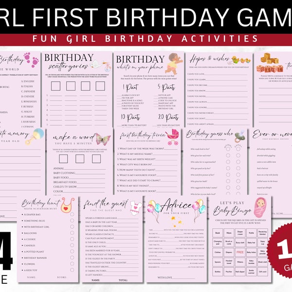 Girl First birthday games, girl 1st birthday party games bundle, 1 year old party games, 1st birthday party activities, bingo, birthday hunt