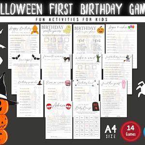 Halloween Juegos de primer cumpleaños, paquete de juegos de fiesta de primer cumpleaños, juegos de fiesta de un año, actividades de fiesta de primer cumpleaños, bingo, trivia