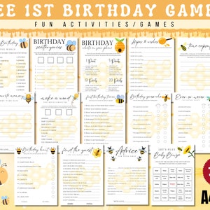 Jogos de primeiro aniversário de abelha, pacote de jogos de festa de primeiro aniversário de abelha, jogos de festa de um ano, atividades de primeiro aniversário, bingo, primeiro dia de abelha