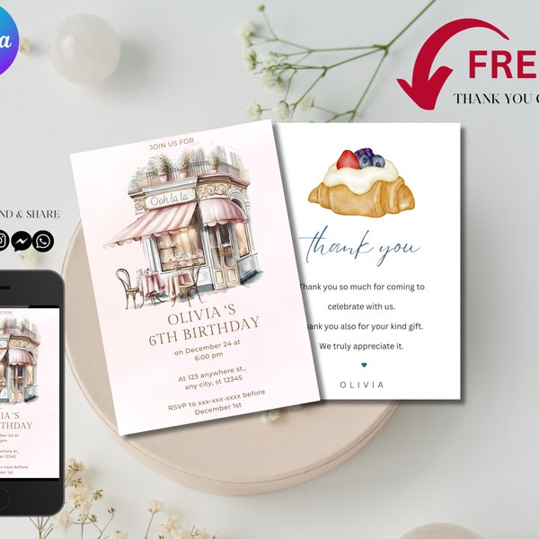 French patisserie birthday party invitation, Paris tea party birthday party invitation, girl birthday party invitation, instant download