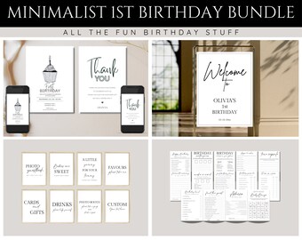May include: A printable set of minimalist first birthday party decorations in black and white. The set includes a welcome sign, invitation, thank you card, photo booth props, and games. The text on the welcome sign reads "Welcome to Olivia's 1st Birthday".