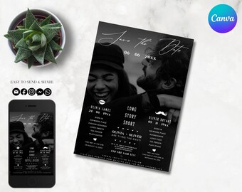 May include: Black and white save the date announcement card with a photo of a couple. The text reads "Save the Date 06.06.20xx" and includes the couple's names, birth dates, and a few details about them.