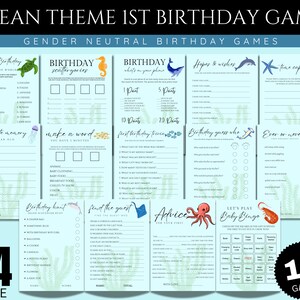 Tema do oceano Jogos de primeiro aniversário, festa na piscina Jogos de festa de primeiro aniversário, jogos de primeiro aniversário no fundo do mar, bingo, curiosidades, caça ao aniversário