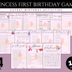 Juegos para el primer cumpleaños de princesas, paquete de juegos para la fiesta del primer cumpleaños, juegos para la fiesta del primer año, actividades para la fiesta del primer cumpleaños, bingo, trivia