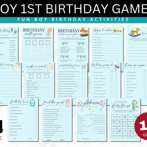 Jeux pour le premier anniversaire de garçon, lot de jeux pour le premier anniversaire d'un garçon, jeux de société pour un an, activités pour son premier anniversaire, bingo, chasse aux anniversaires
