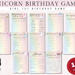 Paquete de juegos de cumpleaños de unicornio, juegos de primer cumpleaños de niña, actividades de primer cumpleaños de niña, bingo para niños pequeños, juego de unicornio, cápsula del tiempo