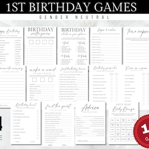 Jeux de premier anniversaire, ensemble de jeux de fête du 1er anniversaire, jeux de fête d'un an, activités de fête du 1er anniversaire, bingo, quiz, chasse d'anniversaire
