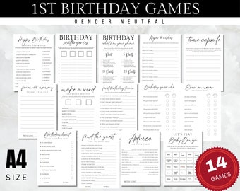 First Birthday Games Bundle, Modern Minimalist Party Activities (Digital Download)
