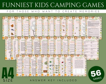 May include: A set of 56 printable camping games for kids. The games are designed to be fun and engaging, and they are perfect for keeping kids entertained on a camping trip. The games include a variety of activities, such as word searches, mazes, and riddles. The games are printed on A4 size paper and come with an answer key.