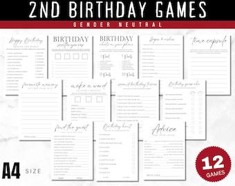 Second Birthday Games Bundle, Printable Party Activities (CANVA Editable, Digital Download)
