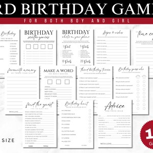 Juegos de tercer cumpleaños, paquete de juegos de fiesta de tercer cumpleaños, juegos de fiesta de tres años, actividades de fiesta de tercer cumpleaños, trivia, búsqueda de cumpleaños