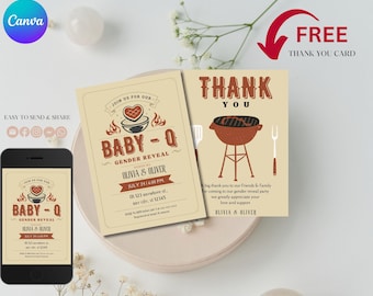 Retro BBQ Gender Reveal Invitation, Baby-Q (Digital Download)