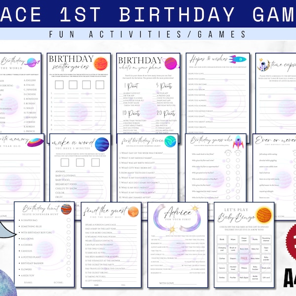 Space First birthday games, planets 1st birthday party games bundle, one year old party games, 1st birthday party activities, bingo, stars