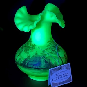 Fenton Log Cabin Custard Uranium Glass Vase 1970s | Handpainted by H Curry