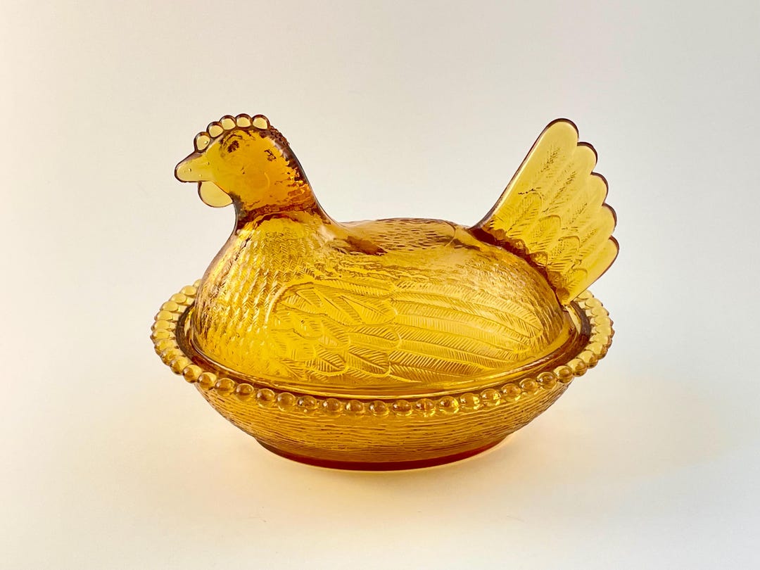 Indiana Amber Glass Hen on Nest HON, Beaded Edge Striated Nest C. 1965 ...