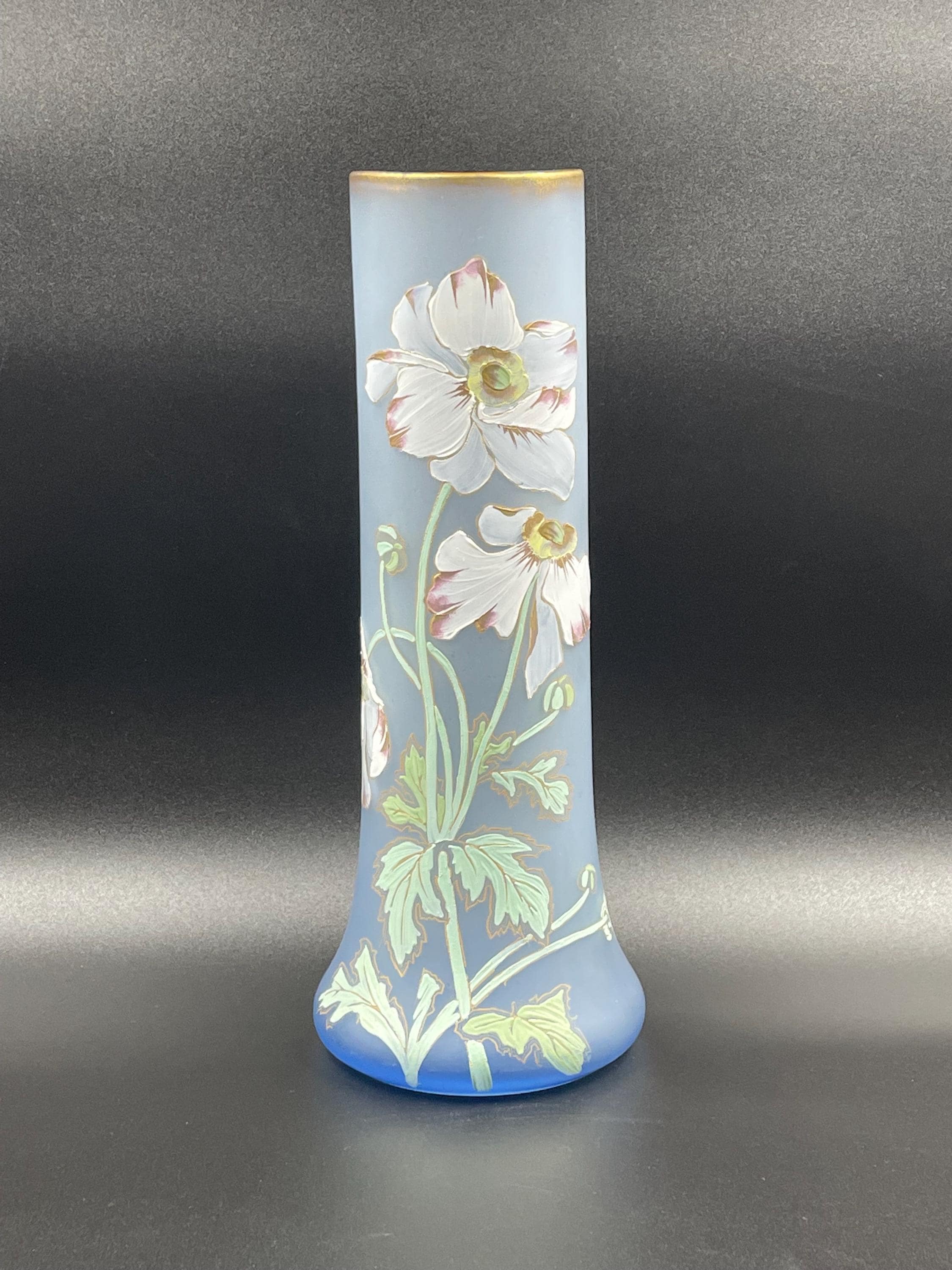 Antique French Legras Vase: Hand-Painted Satin Glass, Periwinkle Poppies, c.1900