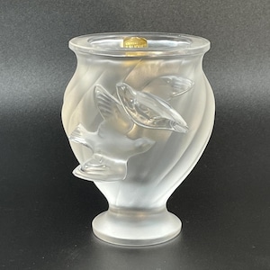 Lalique Rosine Vase: Frosted Crystal Flying Doves, Signed