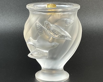 Lalique Rosine Vase: Frosted Crystal Flying Doves, Signed