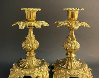 Ornate Solid Brass Cast Candlesticks, 6.5" Tall