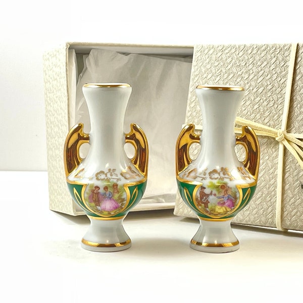 Limoges France Miniature Bud Vases Pair With Gift Box, G. Dumur Decorated Porcelain, Romantic Fragonard Style Scene, Gold Accents