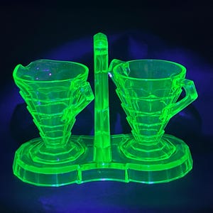 Art Deco Uranium Glass Creamer Sugar with Tray Glass | Indiana Glass Tea Room Pattern | 1926-1931