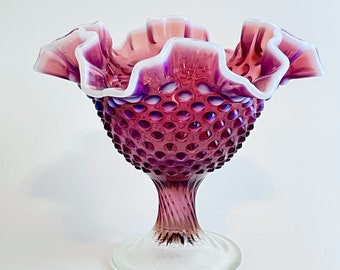 Fenton Plum Opalescent Hobnail Compote: Ruffled Rim Pedestal Bowl 1959-1962