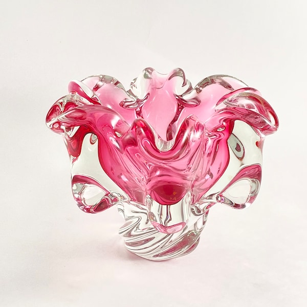 Cranberry Pink Art Glass Vase, Josef Hospodka Chribska Glassworks, Czechoslovakia, Czech/Bohemian Art Glass