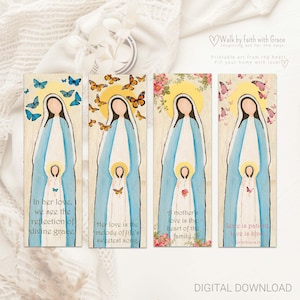 Afdrukbare katholieke bladwijzers – Maagd Maria met Heilige Schrift en inspirerende citaten – Digitale download – Religieus cadeau voor moeder of vrouw