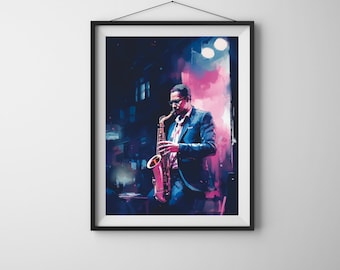 Man playing saxophone painting, musical instrument home decor, music guitar
