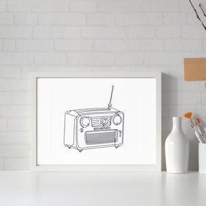 Arte de línea de radio vintage minimalista, decoración del hogar retro imprimible, cartel de radio antiguo, arte de línea de radio vintage, arte de pared de arte de línea vintage de radio