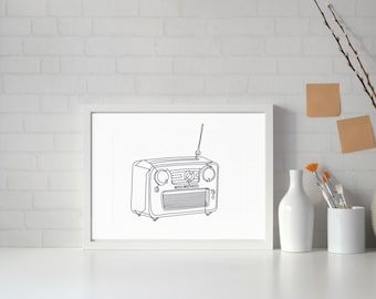 Minimalist vintage radio line art, printable retro home decor, old radio poster, vintage radio line art, radio vintage line art wall art