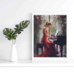 Woman playing Piano wall art, music art, musician art, musical instrument art, red dress, beautiful woman, woman in red
