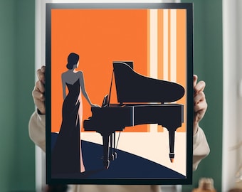 Woman with piano vintage wall art, Elegant lady playing piano art print, retro piano player art decor