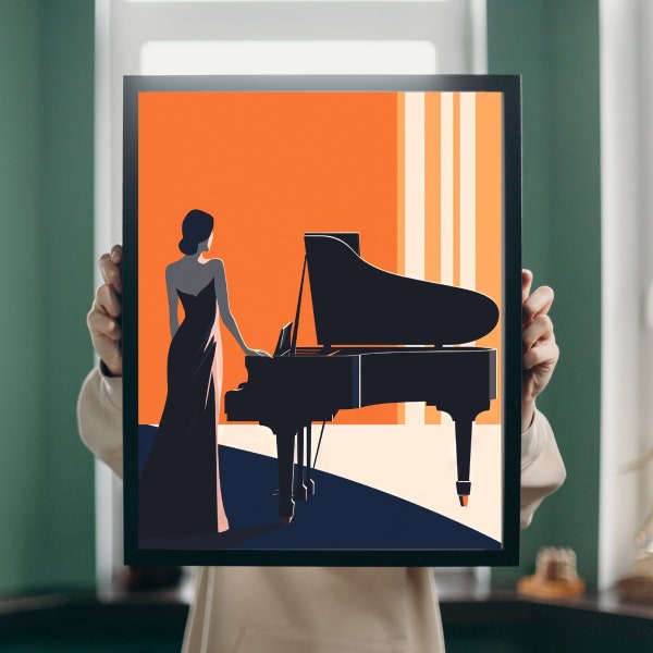 Woman with piano vintage wall art, Elegant lady playing piano art print, retro piano player art decor