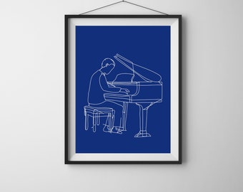 Homem tocando piano, arte minimalista de pianista, arte de linha de piano, arte de parede musical, desenho de arte de linha contínua