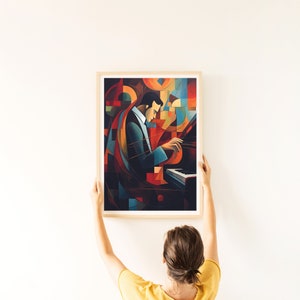 Man playing piano painting, musical instrument home decor, music guitar